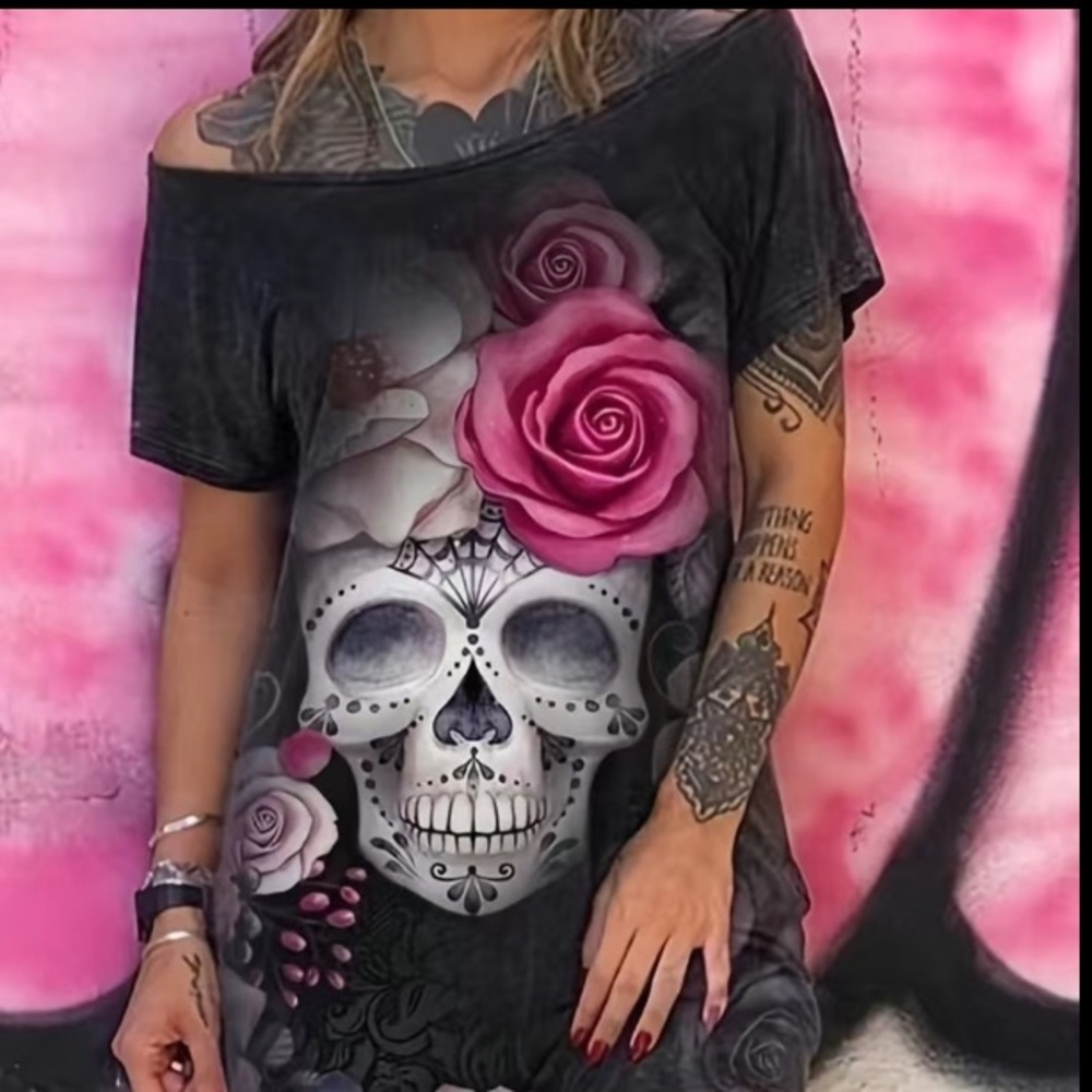 NEW Off Shoulder Short Sleeve Skull And Flowers Tunic Top/Dress - Picture 3 of 4